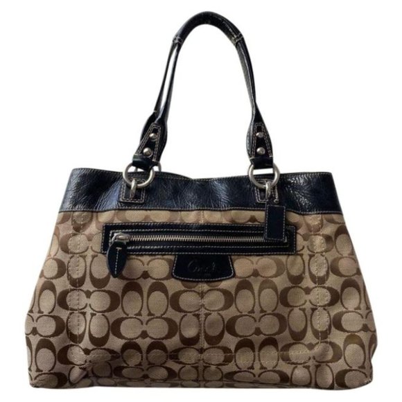 COACH Large Tan Black Jacquard Fabric Tote Bag - Picture 1 of 13